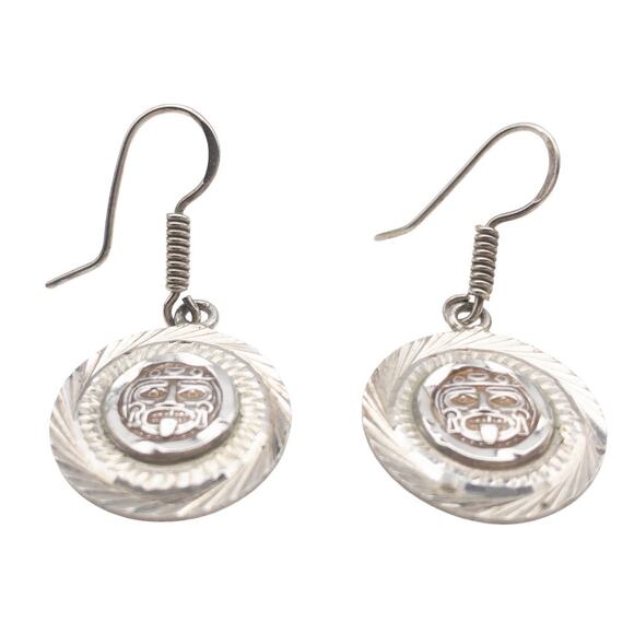Vintage Mexican 925 Sterling Silver Aztec Mask Dangle Earrings Round - Picture 11 of 13